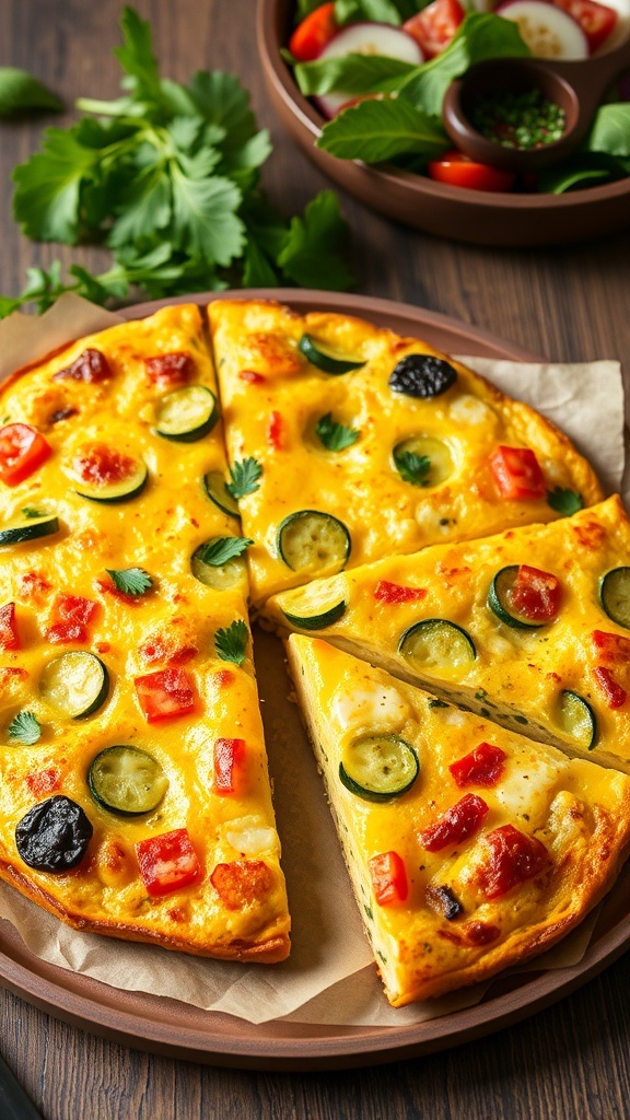 A golden zucchini and egg frittata sliced into wedges, garnished with herbs, on a wooden table with salad.